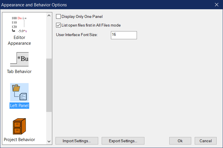 Editor Left Panel Settings Dialog Editor Left Panel Settings Dialog
