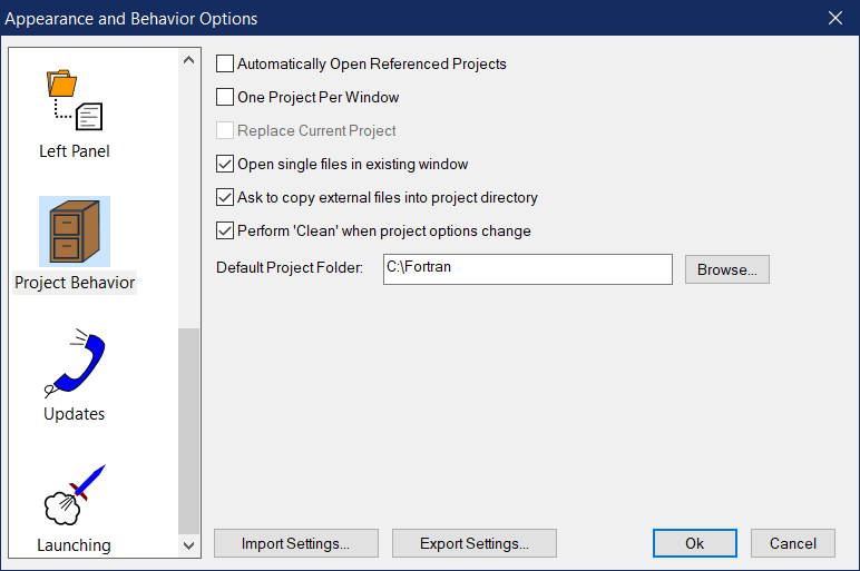 Project Behavior Settings Dialog Project Behavior Settings Dialog