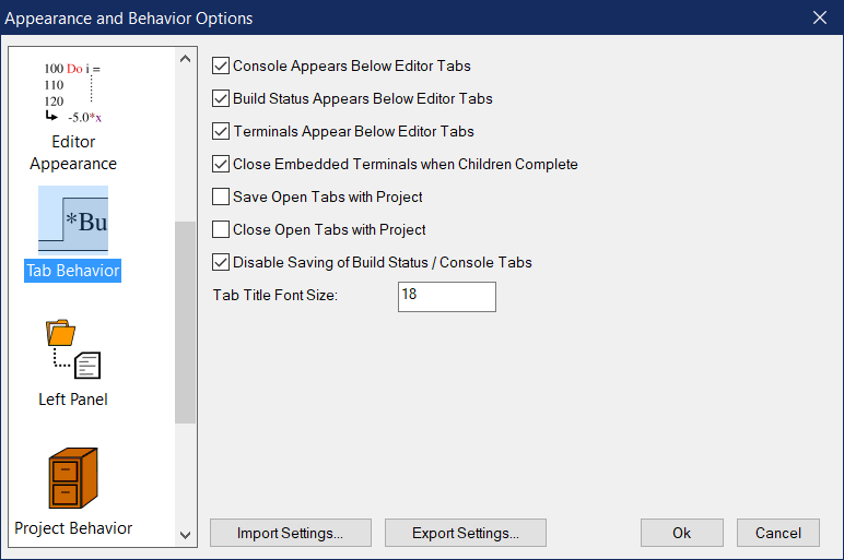 Editor Tab Settings Dialog Editor Tab Settings Dialog