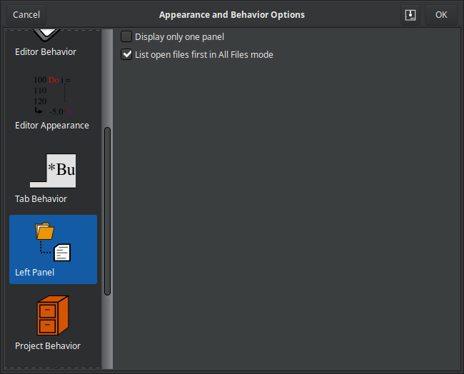 Editor Left Panel Settings Dialog