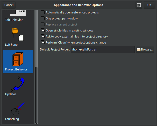 Project Behavior Settings Dialog