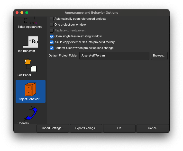 Project Behavior Settings Dialog