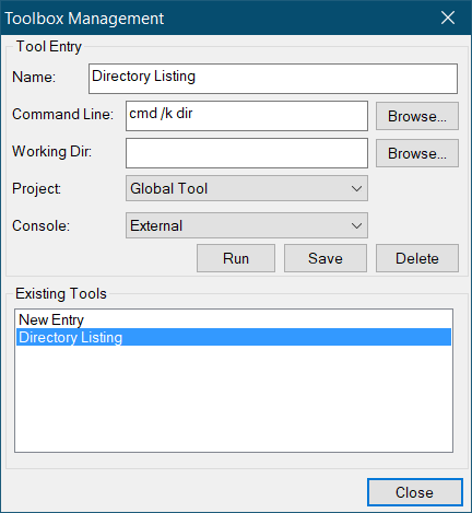 Toolbox Management Dialog