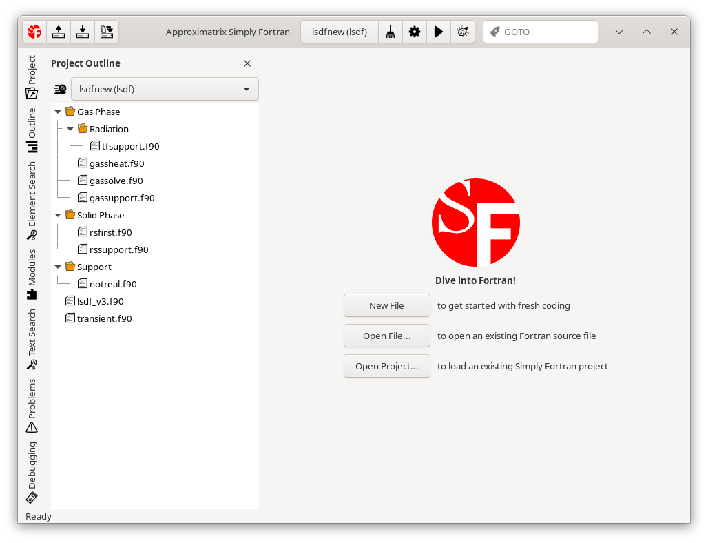 The Simply Fortran window on Fedora GNU/Linux with its default header bar layout