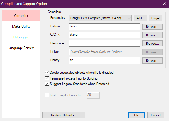 Compiler and Support Programs Options showing flang selected as the current compiler