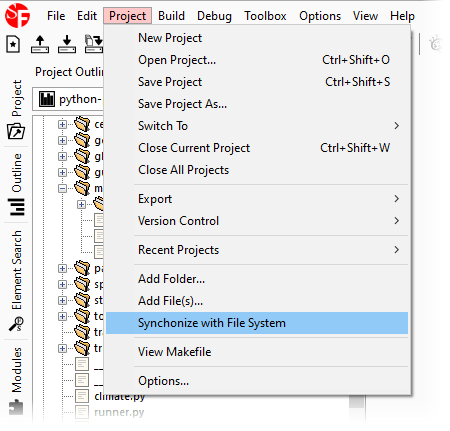 Project menu showing the new option to synchronize file systems
